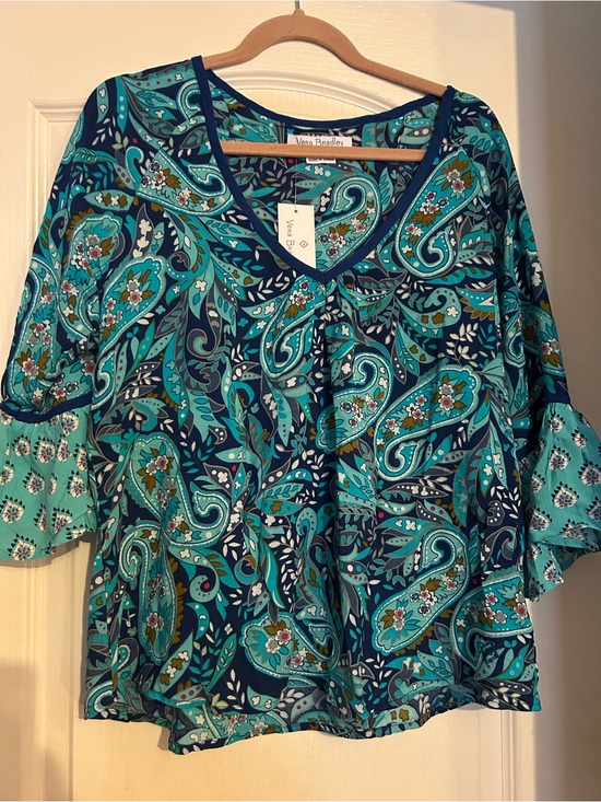 Vera Bradley Tops - Vera Bradley Kelsey Daisy Paisley Blouse Bell Sleeves xl Fall Teal Navy Blue